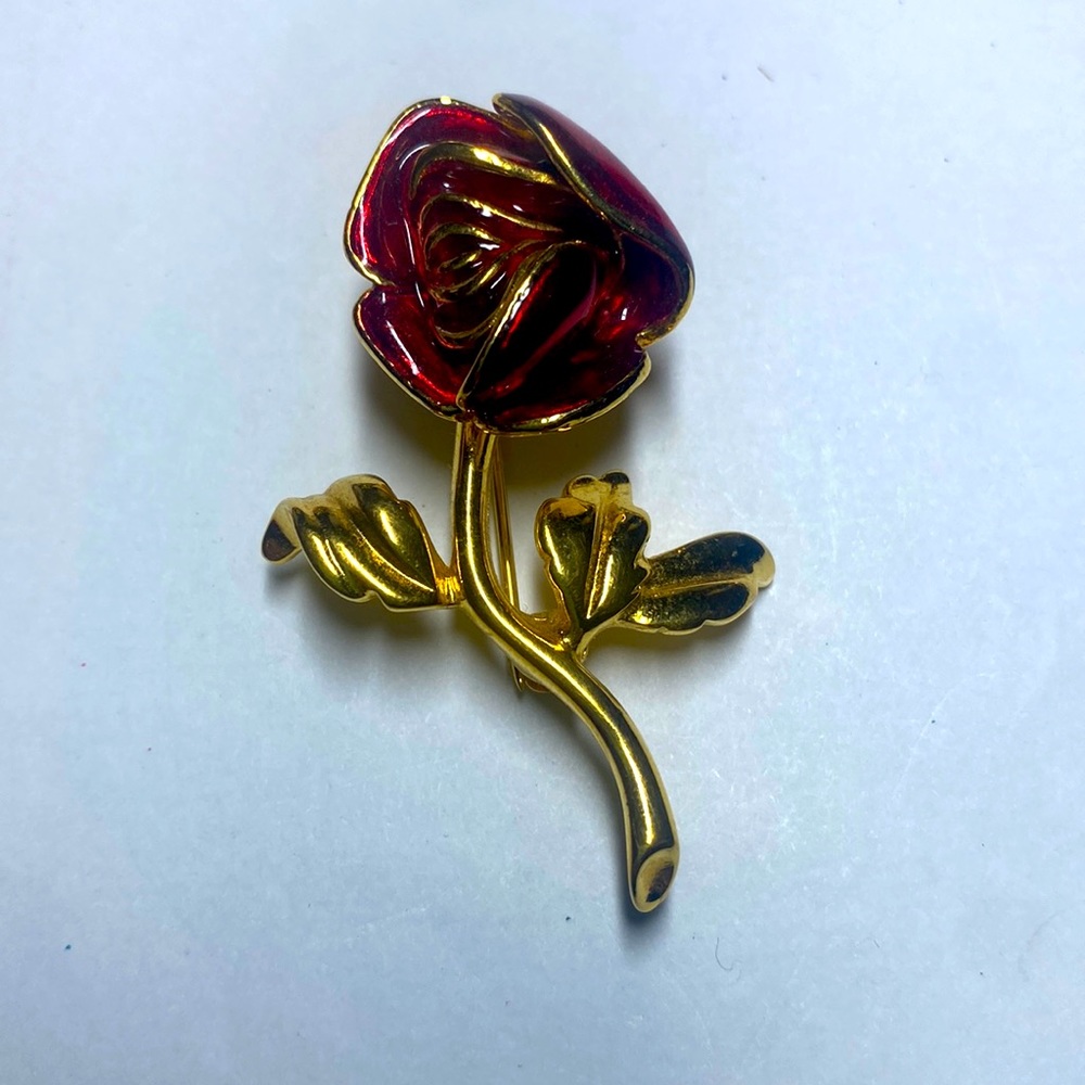Joan Rivers signed Vintage Red Enamel Rose Brooch